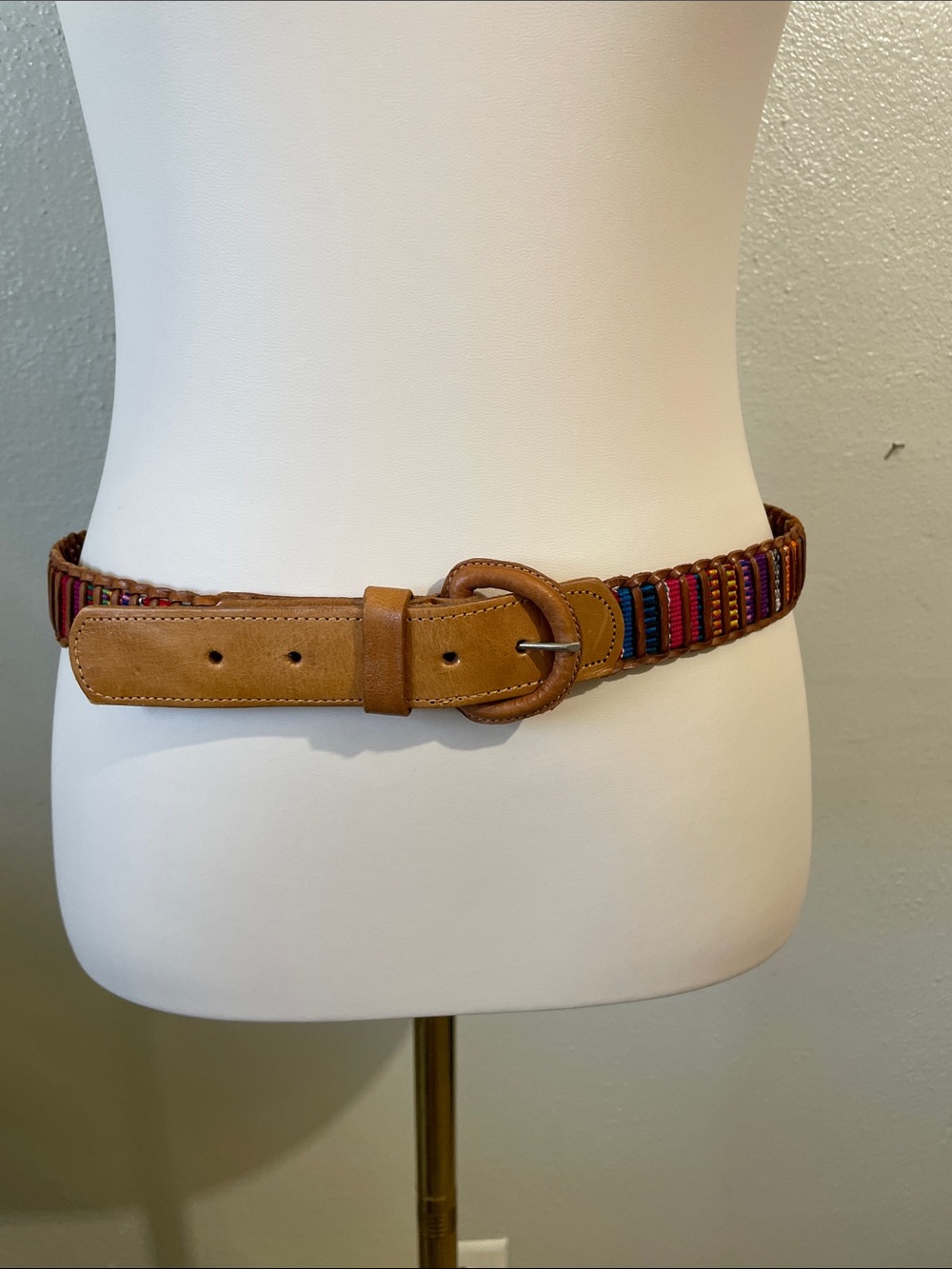 Boho Festival Woven Leather Belt Colorful Stripe Pin Closure Buckle Sz 34 Nomad